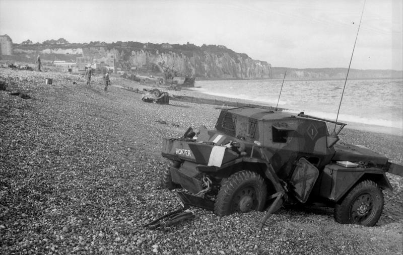 A British reconnaissance vehicle is abandoned on a Dieppe beach immediately following the Allied forces' raid on Aug. 19, 1942. COURTESY WIKIPEDIA/ CC BY-SA 3.0 de